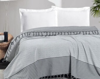 ARTEMIS | Natural Cotton Blanket Throw for King/Queen Size, Boho Style Woven Bedspread, Sofa Couch Blanket