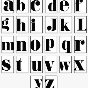 May include: Black and white alphabet letters in a bold, blocky font style. Each letter is displayed in a separate white square.