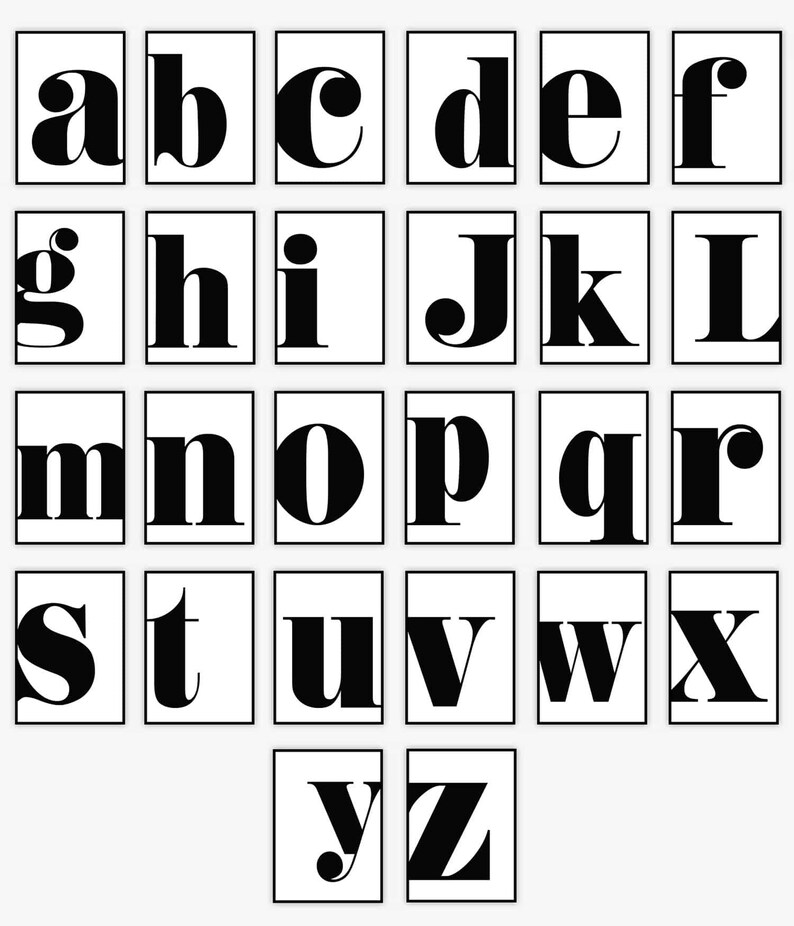 May include: Black and white alphabet letters in a bold, blocky font style. Each letter is displayed in a separate white square.