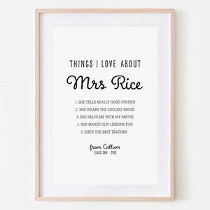 Things I Love About My Teacher | Personalised Print| Teacher Gift | End Of School | Gifts for Teachers | School Gift | Poster | Typography