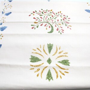 May include: Off-white fabric with a repeating pattern of trees, floral designs, and leaf motifs in green, red, blue, and gold. The tree design is centered, with a circular floral design below it.