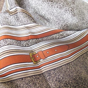SILK Equestrian Neck Scarf Hand Rolled Hems Bridle and Buckle Theme in Browns and Gold Stripes 26 Inch Square