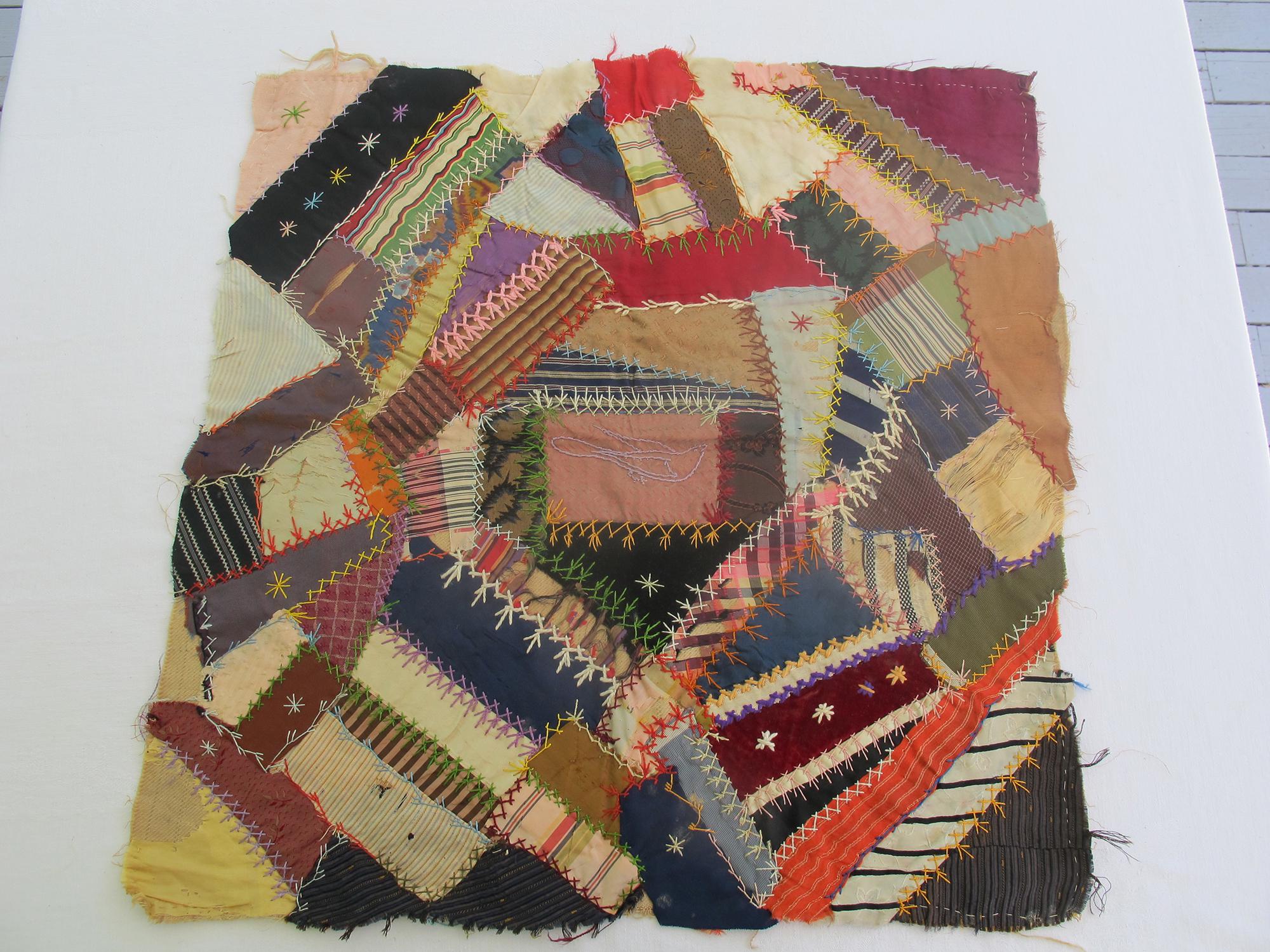 Antique 1800s Crazy Quilt Silks Satins Center Bird Featherstitch Embroidery Patchwork Handmade Whimsical Suitable for Framing Folk Art