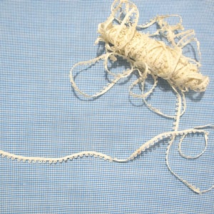 May include: A roll of cream-colored lace ribbon with a scalloped edge, unraveled on a blue and white checkered fabric. The lace is delicate and appears to be made of a soft material.