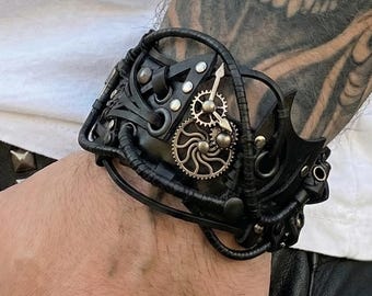 Black Steampunk Leather Bracelet, Gothic Industrial Clockwork Cuff