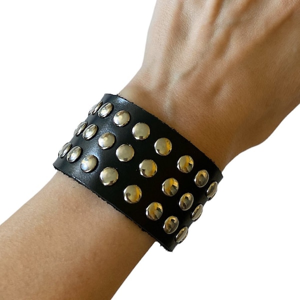 Black 3 rows studded leather bracelet, Adjustable wrap leather bracelet with studs, Wide cuff bracelet, Genuine leather studded rock cuff