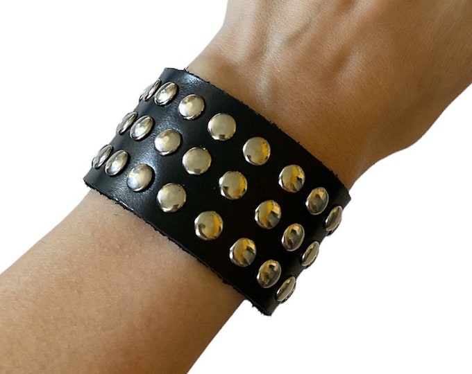 Black 3 rows studded leather bracelet, Adjustable wrap leather bracelet with studs, Wide cuff bracelet, Genuine leather studded rock cuff