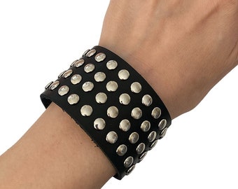Wide black studded genuine leather bracelet, Adjustable wrap punk rock leather bracelet with studs, Black unisex gothic cuff bracelet