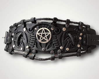 Pentagram black leather bracelet, Gothic geniune leather cuff, Black pentagram wrap leather bracelet, Goth witchy unisex jewelry gift