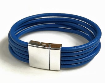 Blue cuff leather bracelet - Unisex leather bracelet for men, women - Cobalt blue minimalist strand leather bracelet - Unisex jewelry gift