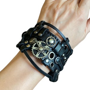Black vintage steampunk leather bracelet, Gothic gear leather bracelet, Rock style mens womens biker jewelry, Genuine leather steampunk cuff