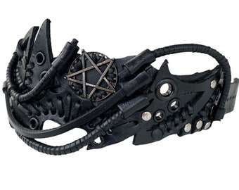 Black pentagram leather bracelet, Genuine leather steampunk cuff, Gothic gear leather bracelet, Rock style mens womens biker jewelry gift