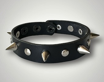 May include: A black leather choker with silver metal spikes. The choker is about 1 inch wide and has a total of 7 spikes.