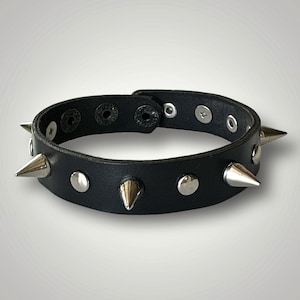 Black spiked genuine leather bracelet, Adjustable punk rock spiked bracelet, Black genuine leather gothic cuff, Submissive wristband