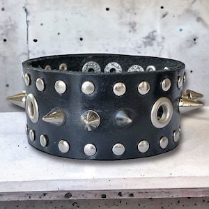 Genuine leather rivet bracelet, Black spiked studded cuff, Heavy metal studded cuff, Adjustable punk rock wristband Heavy metal jewelry gift
