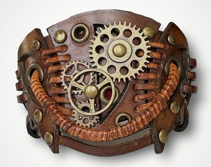 Brown leather steampunk bracelet, Adjustable vintage bronze steampunk wristband, Steampunk accesories for men and women, Gear cuff bracelet