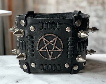 Black spiked pentagram leather bracelet, Adjustable punk rock genuine leather spiked cuff, Black genuine leather pentagram gothic wristband