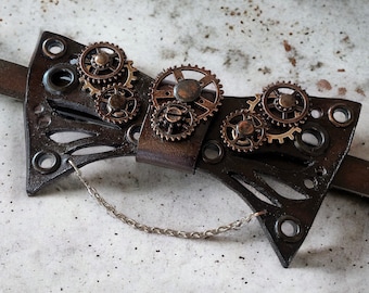 Steampunk gear leather bow tie, Brown copper leather bow tie, Adjustable vintage clockork bow tie, Handmade steampunk wedding groom gift