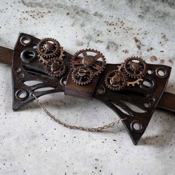 Steampunk gear leather bow tie, Brown copper leather bow tie, Adjustable vintage clockork bow tie, Handmade steampunk wedding groom gift