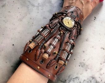 Wide brown steampunk cuff leather bracelet, Wrap alchemist potion bracer, Genuine leather vampire steampunk cuff, Brown cosplay wristband