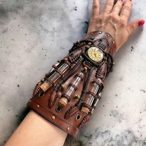 Wide brown steampunk cuff leather bracelet, Wrap alchemist potion bracer, Genuine leather vampire steampunk cuff, Brown cosplay wristband