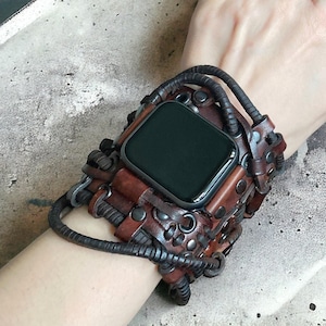Apple Watch leather bracelet, Brown Steampunk Wrist Cuff for Apple watch 7 8 series Ultra, Industrial Watch strap