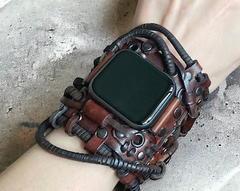 Leren Apple Watch-armband, bruine steampunk-polsmanchet voor Apple Watch 7 8-serie Ultra, industrieel horlogebandje