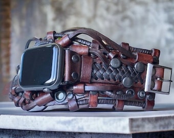 Apple watch handmade leather bracelet, Brown Steampunk leather cuff for Apple watch, Steampunk leather band, Brown vintage watch strap