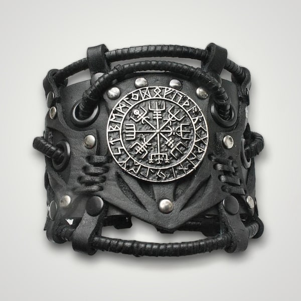 Bracelet en cuir noir boussole runique viking, manchette en cuir véritable runique Vegvisir, bracelet viking celtique noir, bijoux scandinaves pour hommes