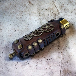 Steampunk brown lighter case, Clockwork lighter cover for BIC, Reusable leather lighter holder pouch, Steampunk lighter sleeve, Smoker gift