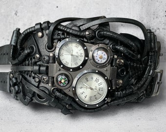 Men&#39;s black steampunk wristwatch leather bracelet, Genuine leather steampunk watch with compass, Black military watch cuff