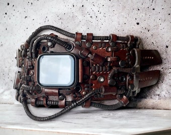 Apple watch leather bracelet, Brown Steampunk leather cuff for Apple watch 7 8 series Ultra, Steampunk leather band 45 mm, Brown watch strap