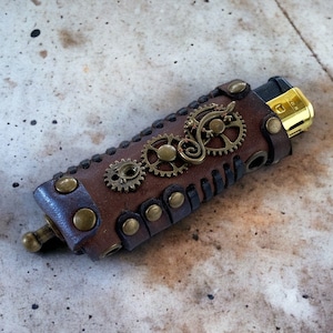 Steampunk brown leather lighter case, Unique handmade lighter holder, Reusable leather lighter holder pouch for BIC, Steampunk smoker gift
