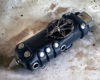 Black Gothic Pentagram goat head lighter case, Handmade steampunk leather lighter holder, Unique smoker gift