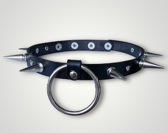 Black Leather Spiked O-Ring Choker: Gothic Punk Collar