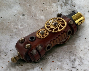 Steampunk Leather Lighter Case, Reusable Clockwork BIC Cover, Smoker gift