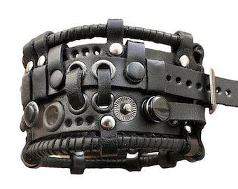 Bracelet en cuir steampunk noir, bracelet wrap en cuir rock pour hommes, bracelet en cuir rock and roll réglable clouté, bijoux gothiques noirs