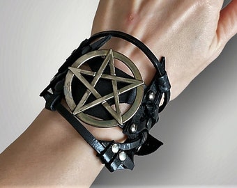 Black pentagram star leather bracelet, 5 elements adjustable witchcraft leather cuff, Pentacle gothic genuine leather bracelet, Wicca cuff