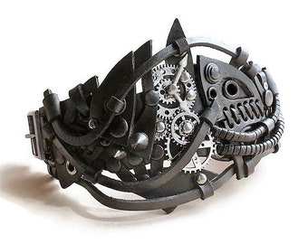 Large steampunk black leather bracelet, Mens black genuine leather wristband, Cyberpunk cuff leather bracelet, Black cosplay unisex bracelet