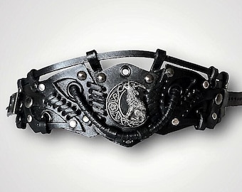 Wolf moon black leather bracelet, Viking black cuff leather bracelet, Vintage celtic wolf totem genuine leather cuff, Steampunk jewelry gift