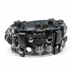 Black rock style cuff leather bracelet, Men&#39;s wrap guitar leather bracelet, Genuine leather men&#39;s biker jewelry, Husband anniversary gift