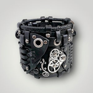 Wide Black Skull Leather Bracelet, Adjustable Punk Rock