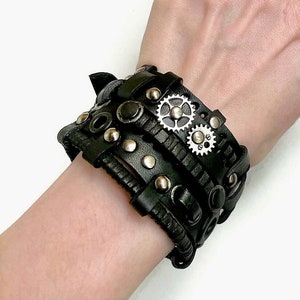 Black steampunk leather bracelet, Men&#39;s wrap rock style leather bracelet, Genuine leather men&#39;s biker jewelry, Husband anniversary gift