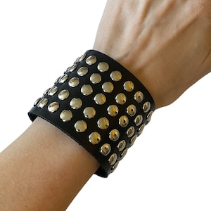 Black studded leather bracelet, Adjustable wrap leather bracelet with studs, Wide unisex cuff bracelet, Genuine leather studded rock cuff