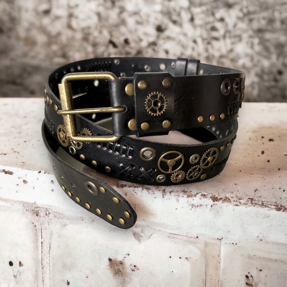 Black Bronze Steampunk Studded Leather Belt, Steampunk Accessories, Unique  Steampunk Clothes, Bronze Vintage Buckle Belt, Black Cosplay Belt 