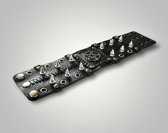 Black Spiked Pentagram Leather Bracelet, Adjustable Punk Rock - Technical View