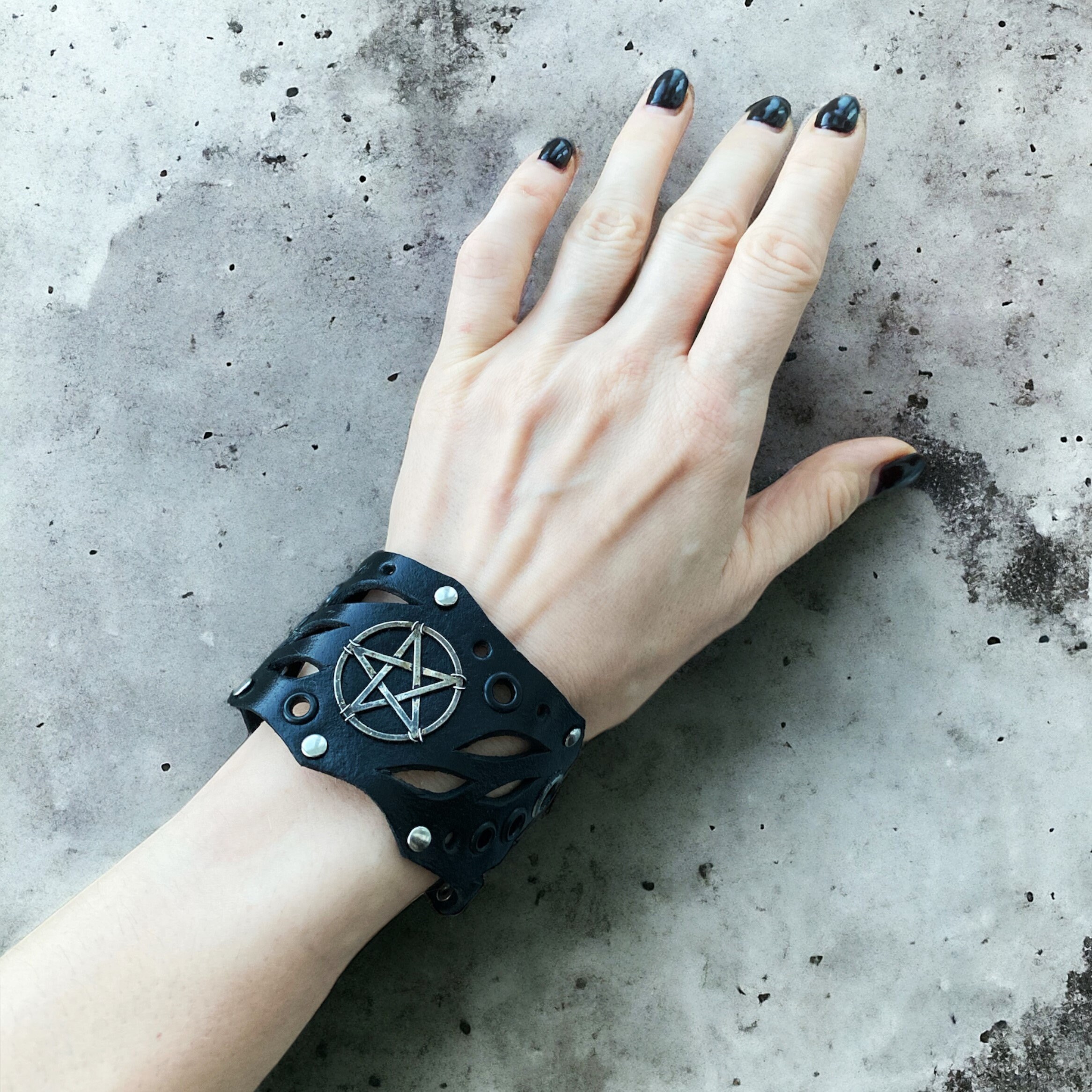 Black Genuine Leather Pentagram Bracelet, Hand Carved Gothic