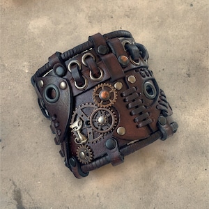 Large brown steampunk leather bracelet, Cat bracelet, Steampunk inspired cuff, Genuine leather adjustable womens bracelet, Cyberpunk gift