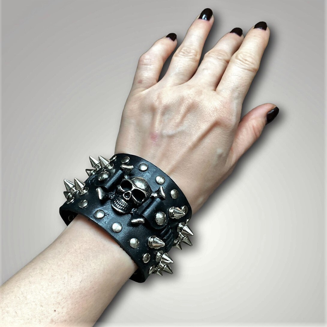 Wide Black Skull Leather Bracelet, Adjustable Punk Rock