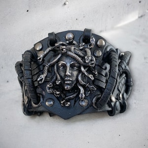 Black Medusa Gorgon genuine leather bracelet, Greek Mythology leather cuff, Medusa steampunk bracelet, Medusa head ancient gothic jewelry